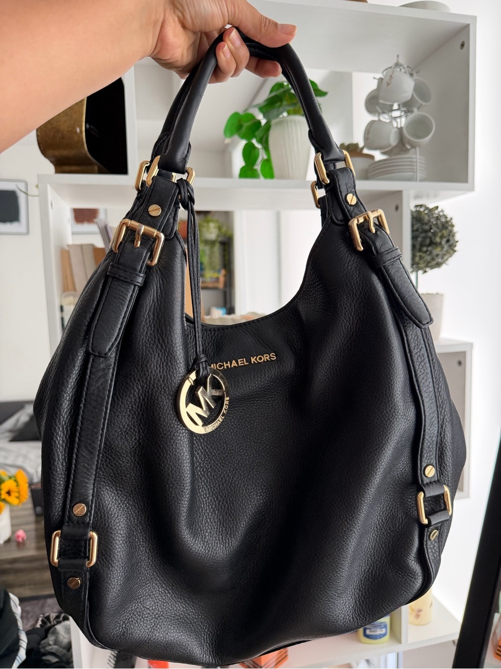 Michael Kors Black Pebbled Leather Shoulder Bag with Gold Hardware